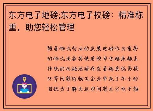 东方电子地磅;东方电子校磅：精准称重，助您轻松管理