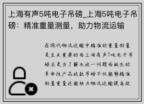 上海有声5吨电子吊磅_上海5吨电子吊磅：精准重量测量，助力物流运输