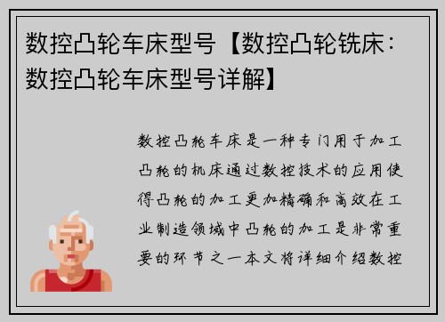 数控凸轮车床型号【数控凸轮铣床：数控凸轮车床型号详解】